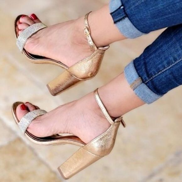 Rose Gold Rhinestone Accent Metallic Chunky Heels - Picture 1 of 6